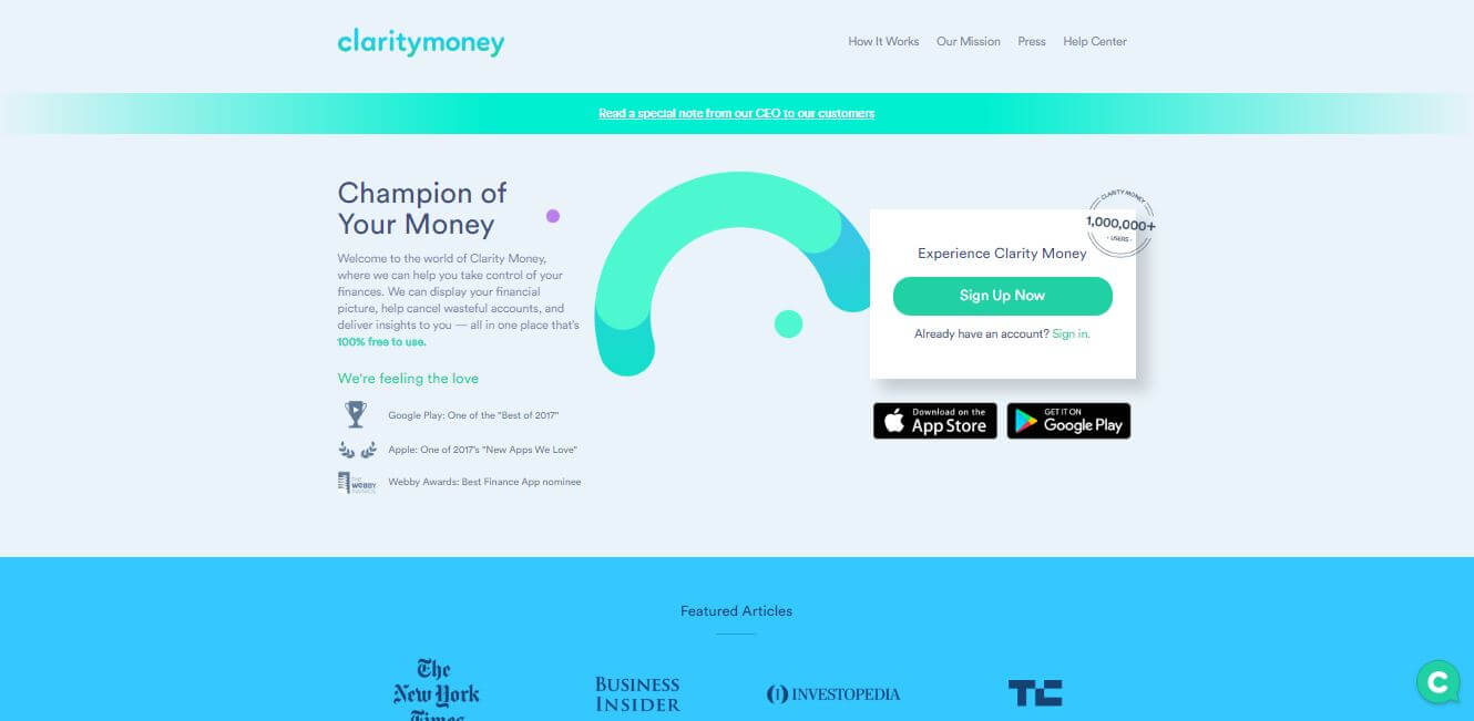 Banner image of the clarity money app. 