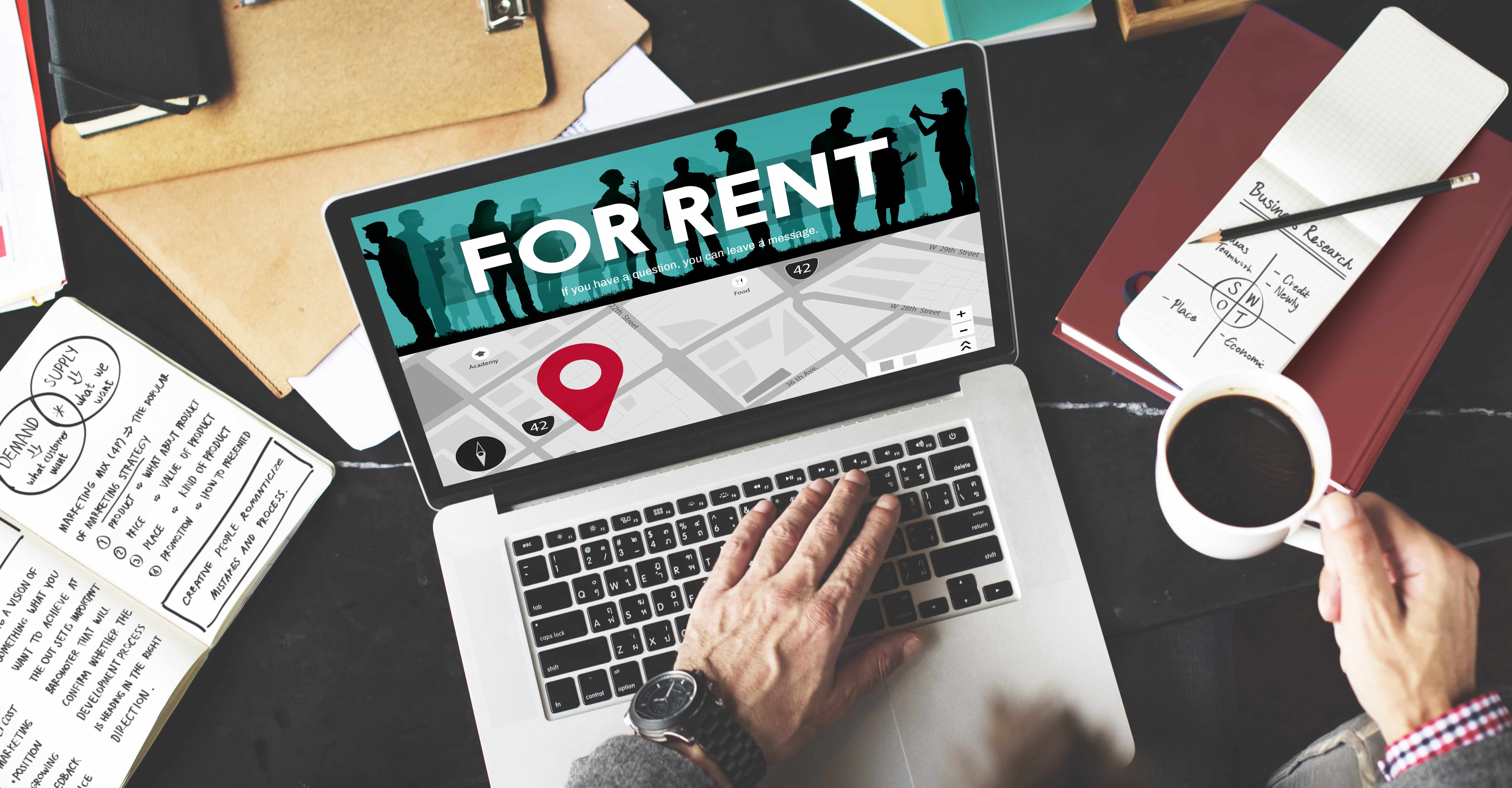 Image of a laptop with "For Rent" depicted